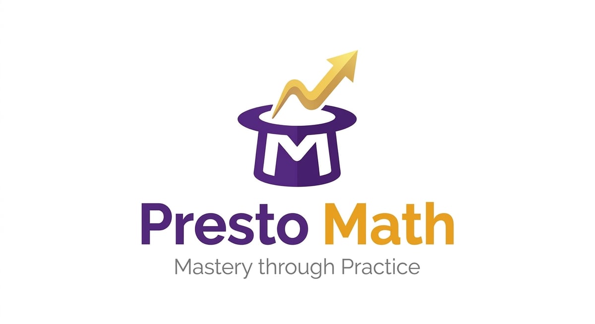 Presto Math logo: a purple magician's top hat with an M on the band and a golden rising arrow, above the words Presto Math and the tagline Mastery through Practice